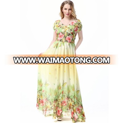 2018 new design floral summer beach plus size long maxi chiffon gaun evening boho dress